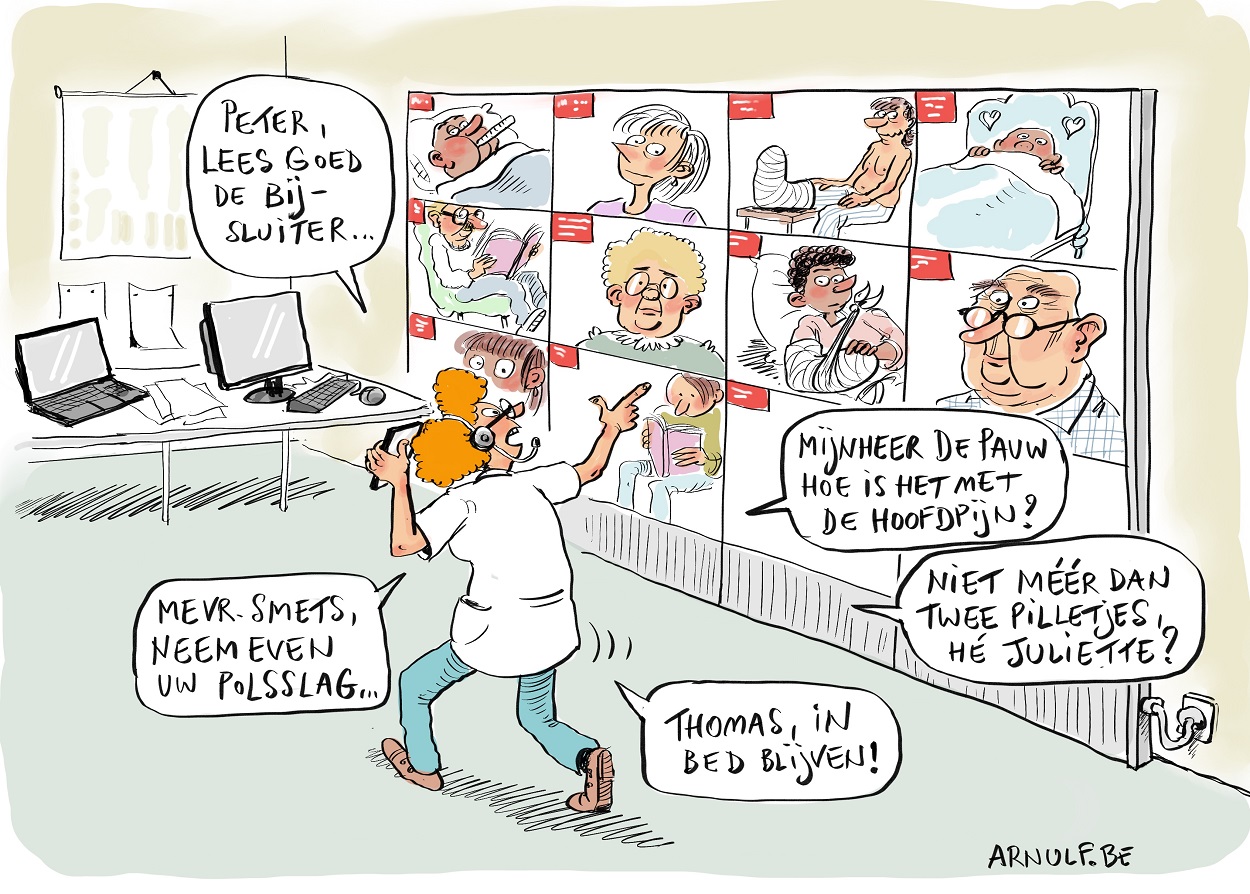 Cartoon, huisarts, pandemie, teleconsult